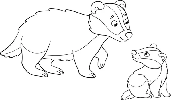 Coloring Page Mother Badger Stands Her Little Cute Baby Budger — Stock Vector