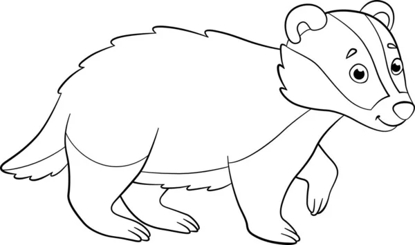 Coloring Page Little Cute Kind Badger Stands Smiles — Stock Vector