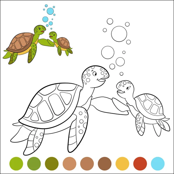 Color Marine Animals Mother Sea Turtle Swims Her Little Cute — Stock Vector