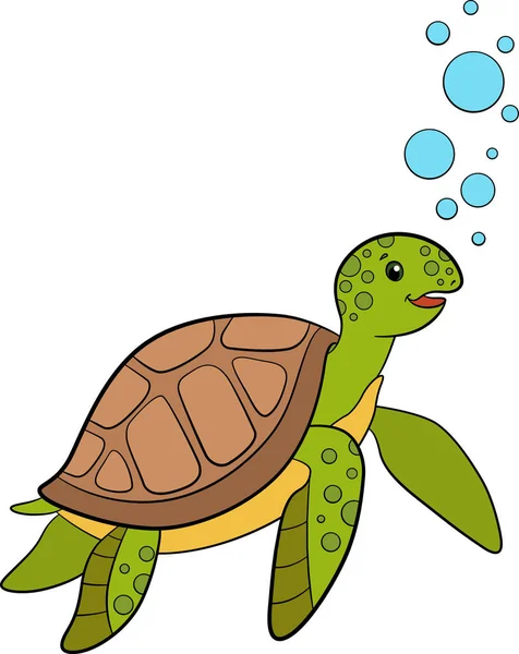 Cartoon Marine Animals Cute Green Sea Turtle Swims Underwater Smiles — Stock Vector