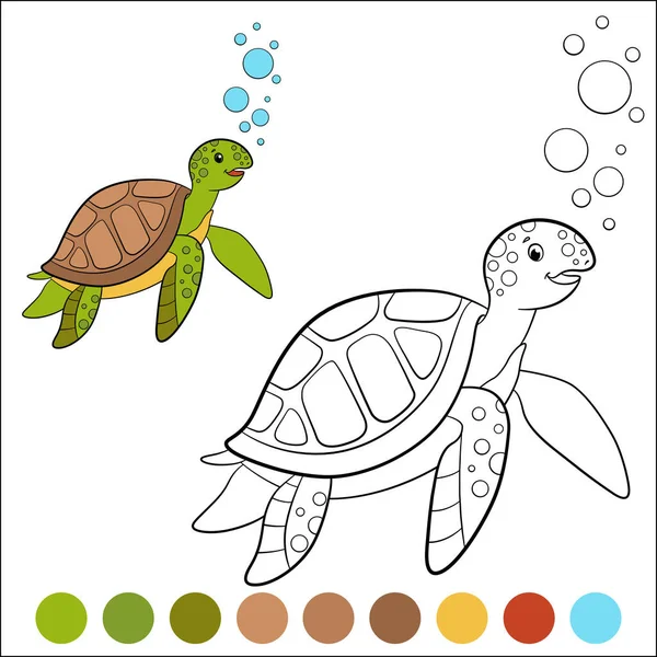 Color Marine Animals Cute Gree Sea Turtle Swims Underwater Smiles — Stock Vector