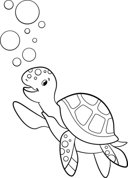 Coloring Page Cute Little Baby Sea Turtle Swims Smiles Underwater — Stock Vector