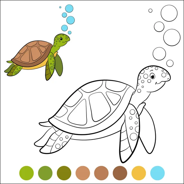 颜色我 海洋动物 可爱的绿海龟带着泡泡在水下游泳 — 图库矢量图片