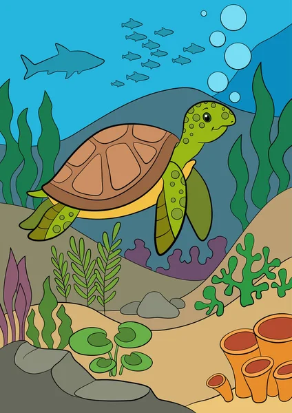 卡通海洋动物 小可爱的绿海龟带着泡泡和微笑在水下游动 — 图库矢量图片