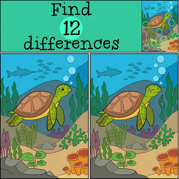 教育ゲーム 違いを見つける 小さなかわいい緑色のウミガメは泡と笑顔で水中で泳ぐ — ストックベクタ