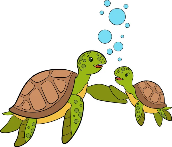 Cartoon Zeedieren Moeder Zee Schildpad Zwemt Met Haar Kleine Schattige Vectorbeelden