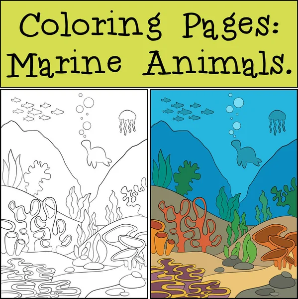 Página Para Colorear Con Ejemplo Paisaje Submarino Parte Inferior Envían Ilustración de stock