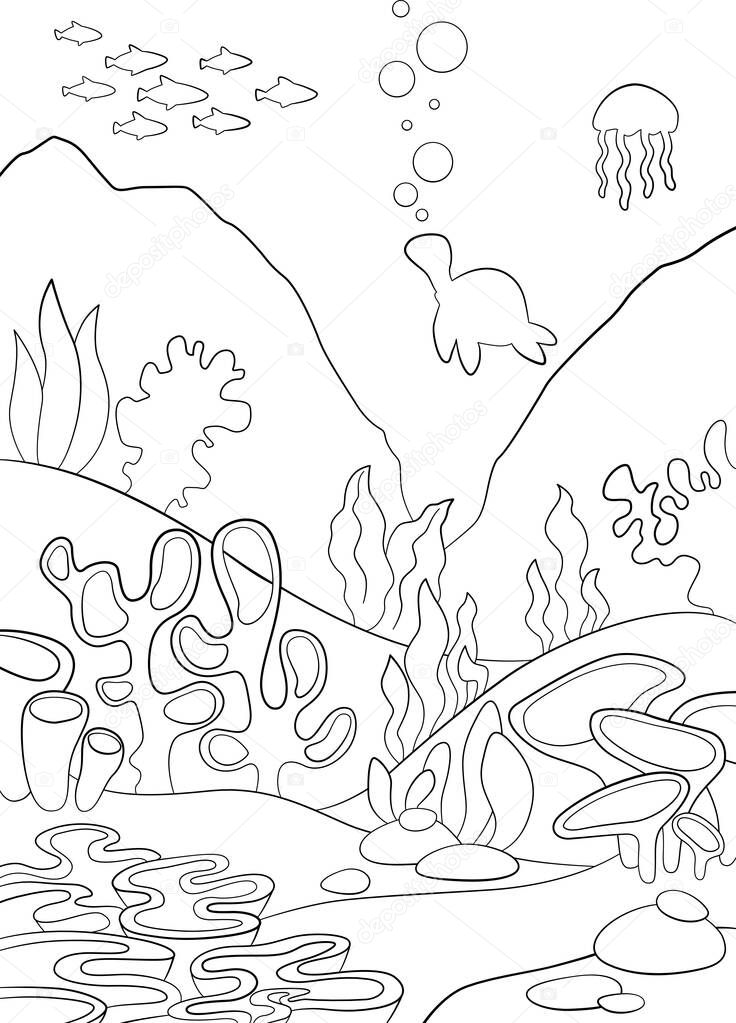 Coloring Pages. Underwater landscape. At the bottom there are send stones and various algae grow. Fish and other marine animals swim in the water.