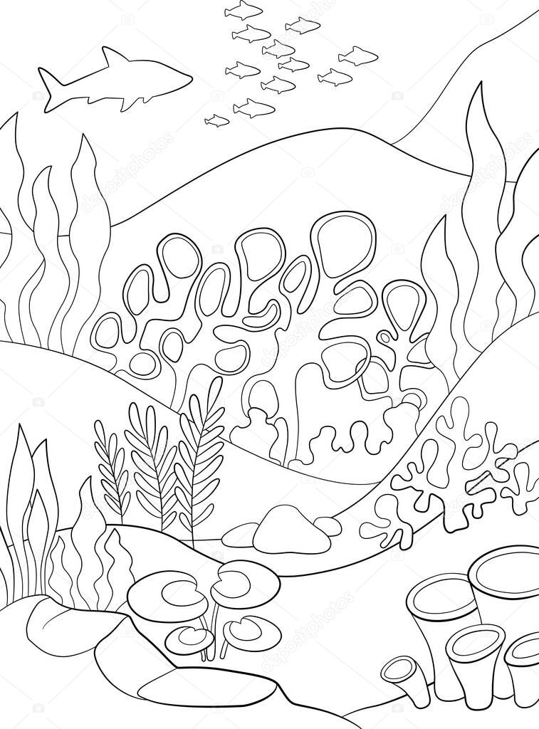 Coloring Pages. Underwater landscape. At the bottom there are send stones and various algae grow. Fish and other marine animals swim in the water.