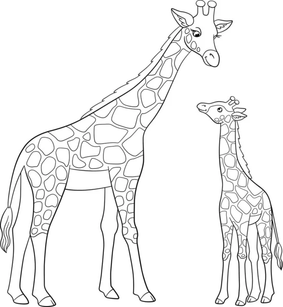 Omalovánky Matka Žirafa Dlouhým Krkem Stojí Svým Malým Roztomilé Dítě — Stockový vektor