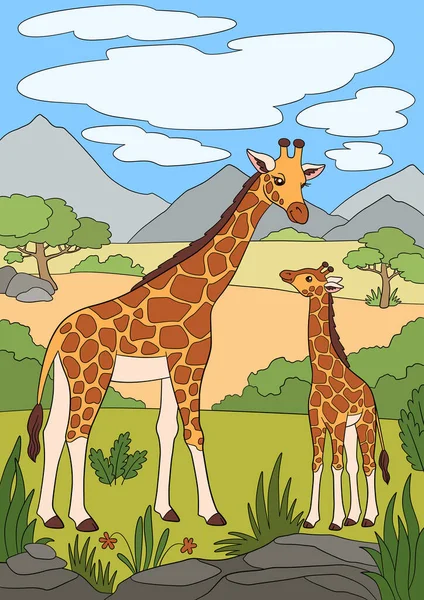 Cartoon Wild Animals Mother Giraffe Lays Her Little Cute Baby — Stock Vector