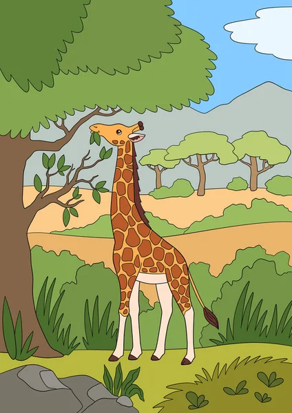 Cartoon Wilde Dieren Grote Gevlekte Giraffe Met Lange Nekstandaards Eet — Stockvector