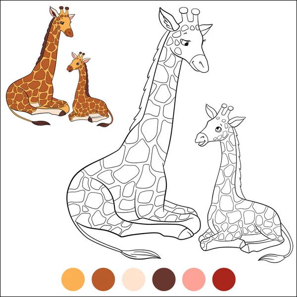 给我颜色 野生动物 长颈鹿妈妈和她可爱的小斑点宝宝躺在一起笑着 免版税图库矢量图片