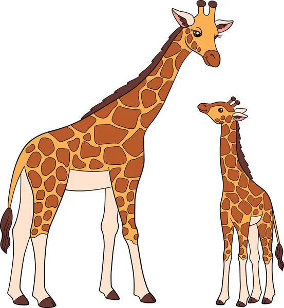 卡通野生动物 长颈鹿妈妈和她可爱的小长颈鹿躺在一起 他们笑了 矢量图形