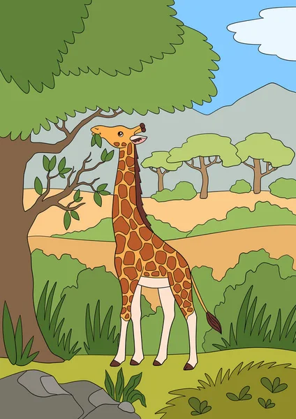 Kreslená Divoká Zvířata Velká Skvrnitá Žirafa Dlouhým Krkem Listy Vektorová Grafika