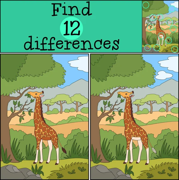 Eğitim Oyunu Farklılıkları Bulun Uzun Boyunlu Benekli Zürafa Ayakta Duruyor Vektör Grafikler