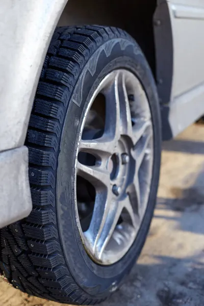 Silver Car Wheel Winter Rubber Studded — Stock Photo, Image