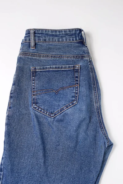 Jeans Pocket Comfortable Clothes Blue Jeans Lie White Background — Stock Photo, Image