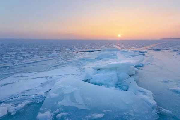 Amanhecer Lago Gelado Amanhecer Inverno Manhã Inverno Paisagem — Fotografia de Stock