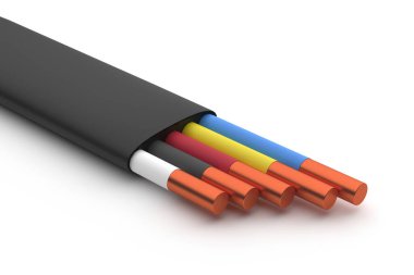 Beş iplikten oluşan güç kablosu bakırı, yakın plan 3 boyutlu görüntüleme üzerinde izole et