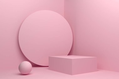 Premium podyum, pastellerin üzerinde dur, açık pembe arka plan. Sunum 3D görüntüleme düzeni. Geometrik nesne küpünün bileşimi