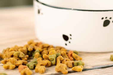 Ahşap bir arka planda bir kasede evcil hayvan yiyeceği. Ahşap bir arka planda kediler ya da köpekler için kuru yiyecek..