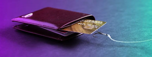 En fiskespökrok tog ett kreditkort i min plånbok. Stöld av data från kreditkort. Hacker stal pengar från ett kreditkort — Stockfoto