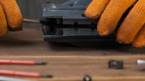 Power Tool Repair Details Electrical Appliances Repair Tools Wooden Table — Vídeo de Stock