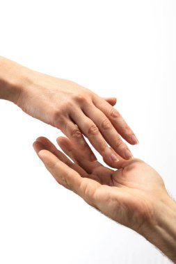 Female and male hand on a white background.