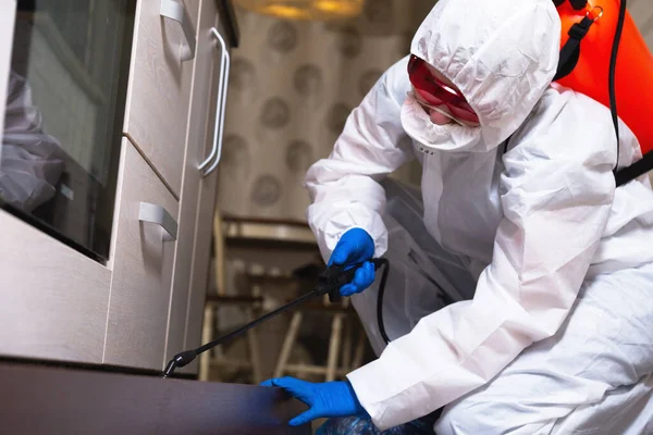 İş kıyafetleri içindeki bir ilaçlayıcı böcek ilaçlarını sprey tabancayla püskürtür. Evlerde ve evlerde böceklerle savaşın. Arazinin diseksiyonu