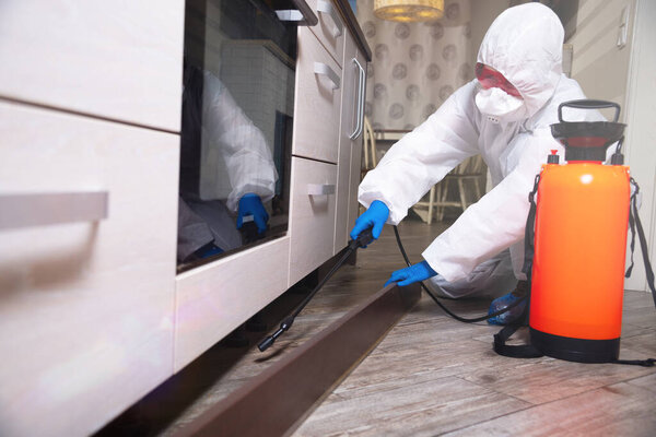 Уничтожитель в рабочей одежде брызгает пестициды спреем. Борьба с насекомыми в квартирах и домах. Дезинсекция помещения