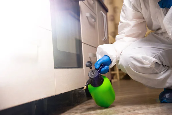 Spray gun with pesticides close-up. An exterminator in work clothes sprays pesticides from a spray bottle. Fight against insects in apartments and houses. Disinsection of premises Royalty Free Stock Photos