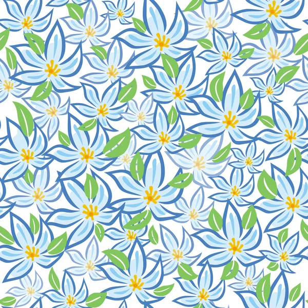 Flores azules con fondo de hojas verdes — Vector de stock