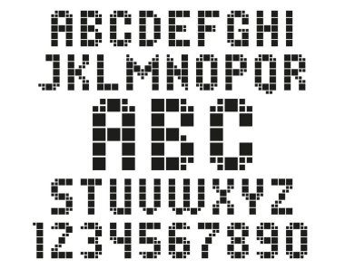 Siyah kare tipografi. Karelerden yapılmış Latin alfabesinin karakterleri.