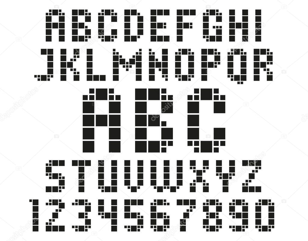 Black square typography. Characters of Latin alphabet made from squares.
