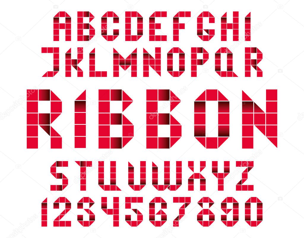 Red folded ribbon letters. Geometric typeface, twenty-six capital letters and ten numbers.