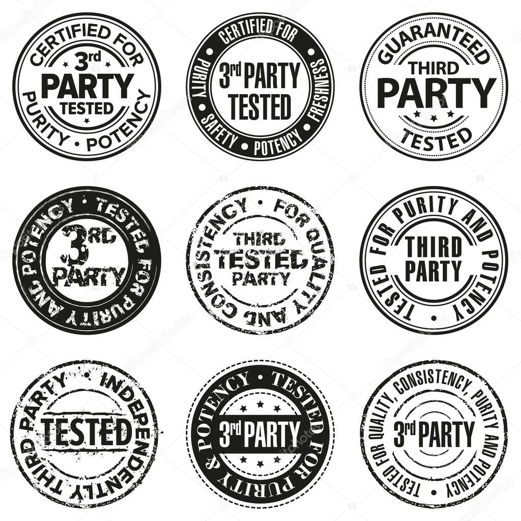 Set of 9 design variations of round stamp 3rd party tested. Independently third party laboratory tested. Vector illustration.