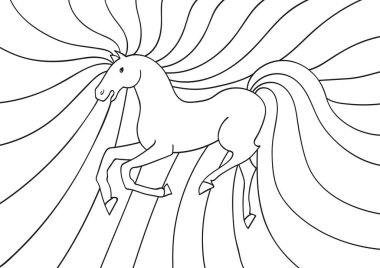 Şirin bir fantezi at. Boyama sayfaları ve rahatlama için el çizimi. Zen-karmaşası tarzında stilize edilmiş çizgi film atı.