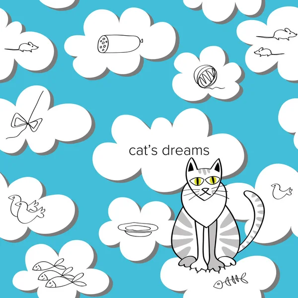 Kusursuz bir geçmişi olan oyuncak kedi çizgi filmi. Bir kedinin rüyalarının renkli çizimi. Doodle tarzı. 