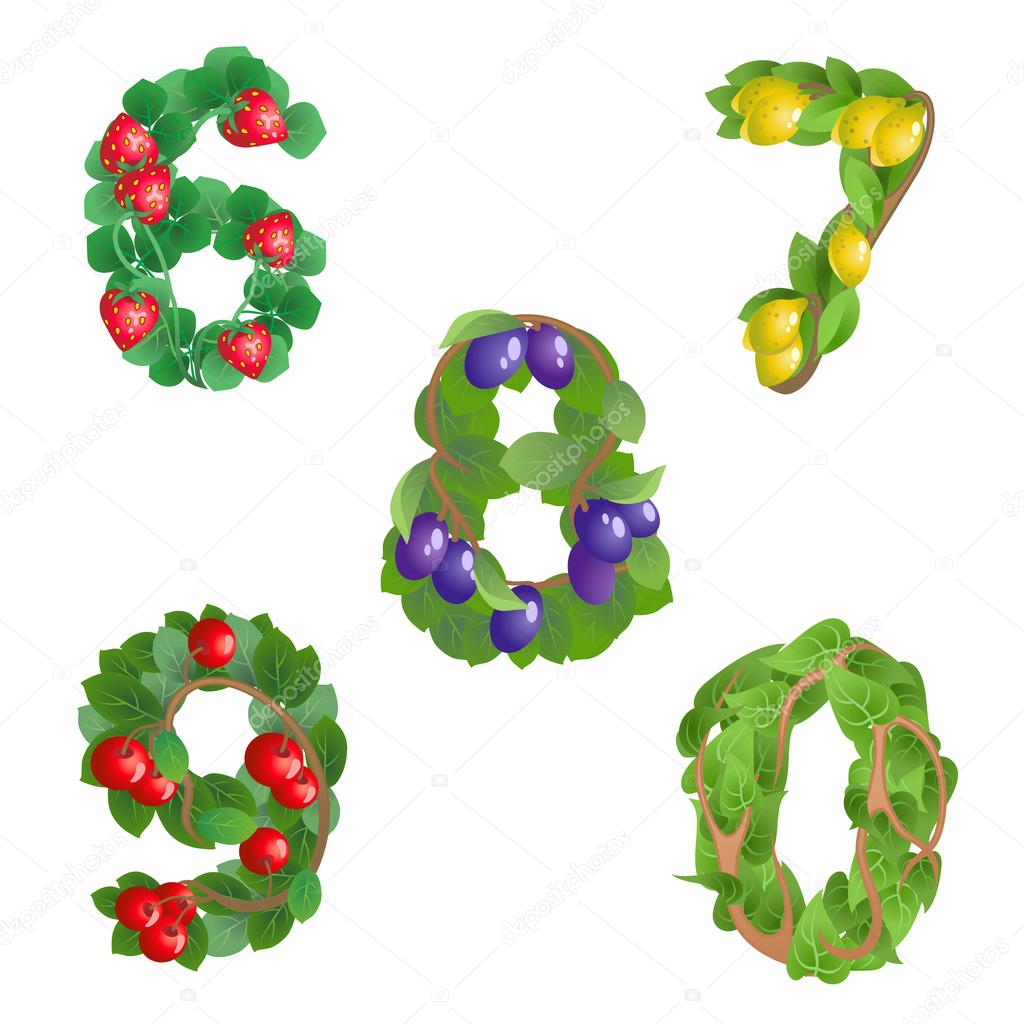Numbers 6-0 made from different plants with fruits