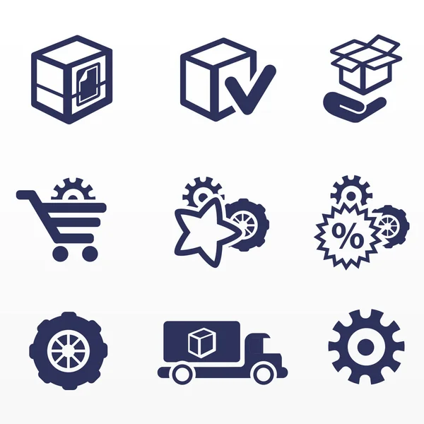 Verpakking en koop pictogrammen, auto-onderdelen — Stockvector
