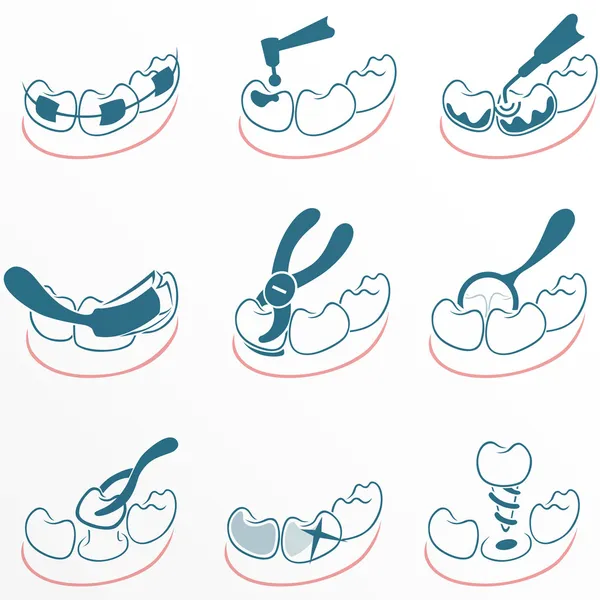 Tandheelkundige pictogrammen instellen voor kliniek Vectorbeelden