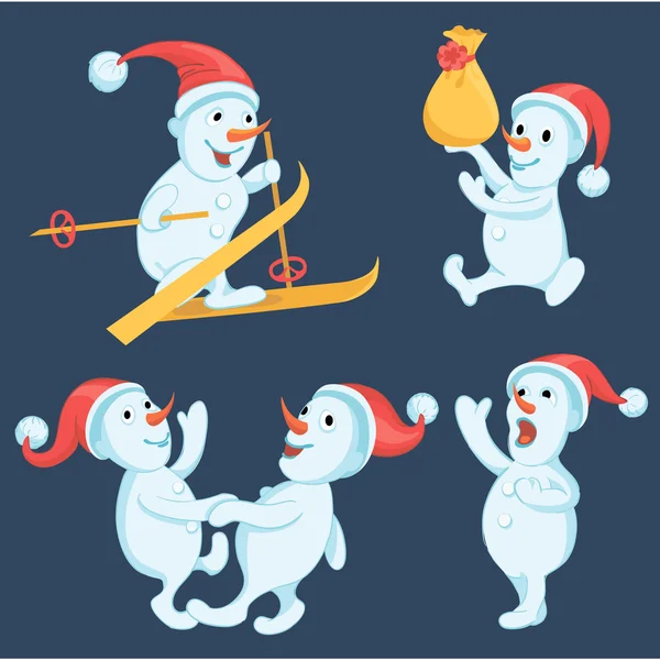 Bonecos de neve em diferentes ações conjunto de desenhos animados — Vetor de Stock
