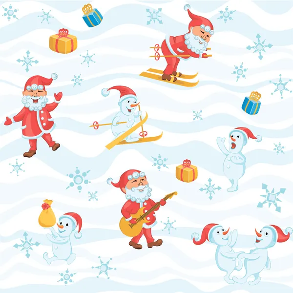 Seamless Christmas pattern with Santa, snowman and snowflakes — Stock Vector