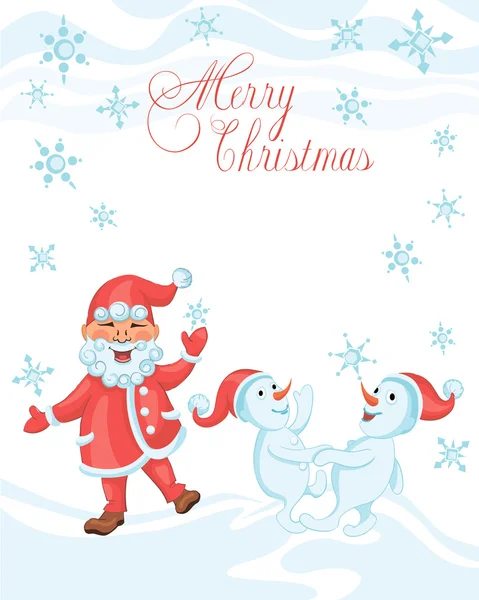 Christmas cartoon card with dancing Santa and dancing snowmen — Stock Vector