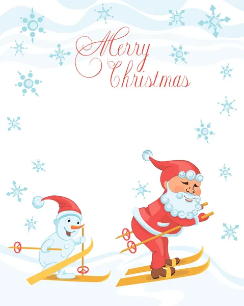 Christmas cartoon card with skiing Santa and skiing snowman — Stock Vector