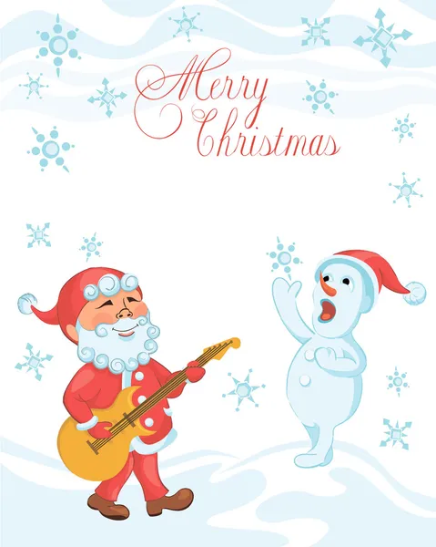 Cartão de desenho animado de Natal com tocar a guitarra Papai Noel e boneco de neve cantando — Vetor de Stock