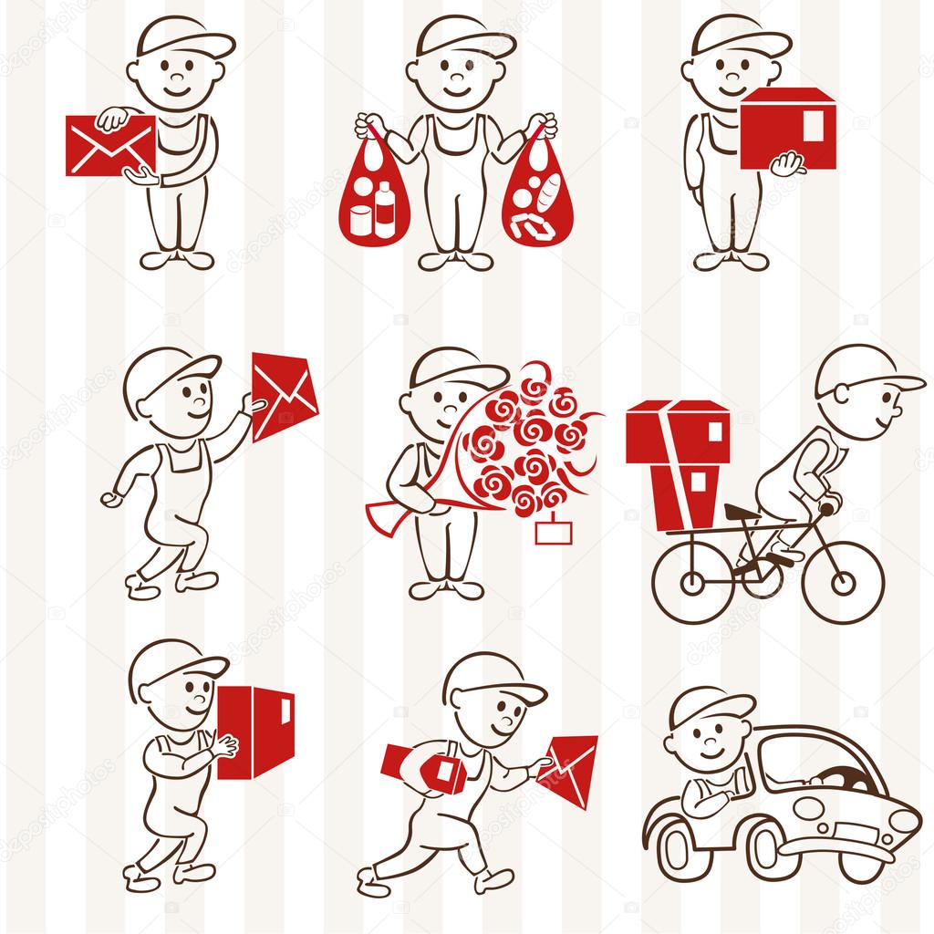 Courier with boxes and vehicles two coloring line icons set