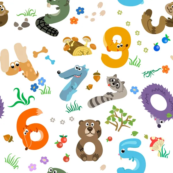 Numbers like European Forest Animals seamless pattern — Stock Vector