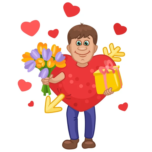 Man in a heart suit with flowers and gift in hands — Stock Vector